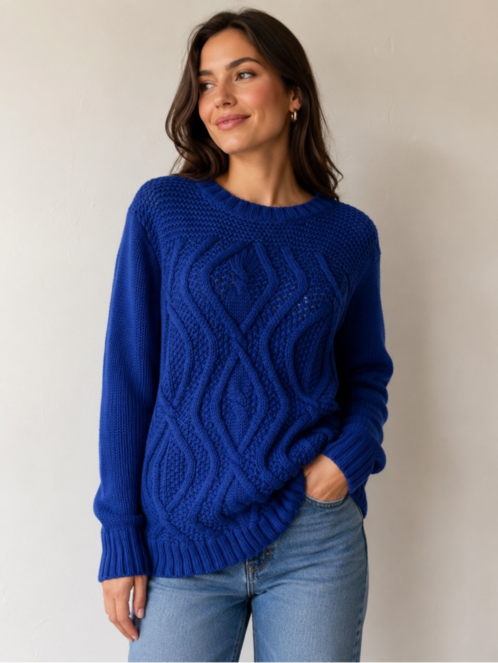 Lands End Drifter Blue Cable Knit Cotton Sweater Medium Petite